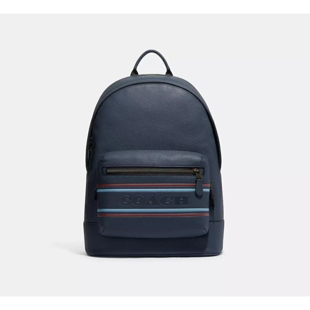 Coach West Backpack With Coach Stripe Gunmetal Denim Multi NEW